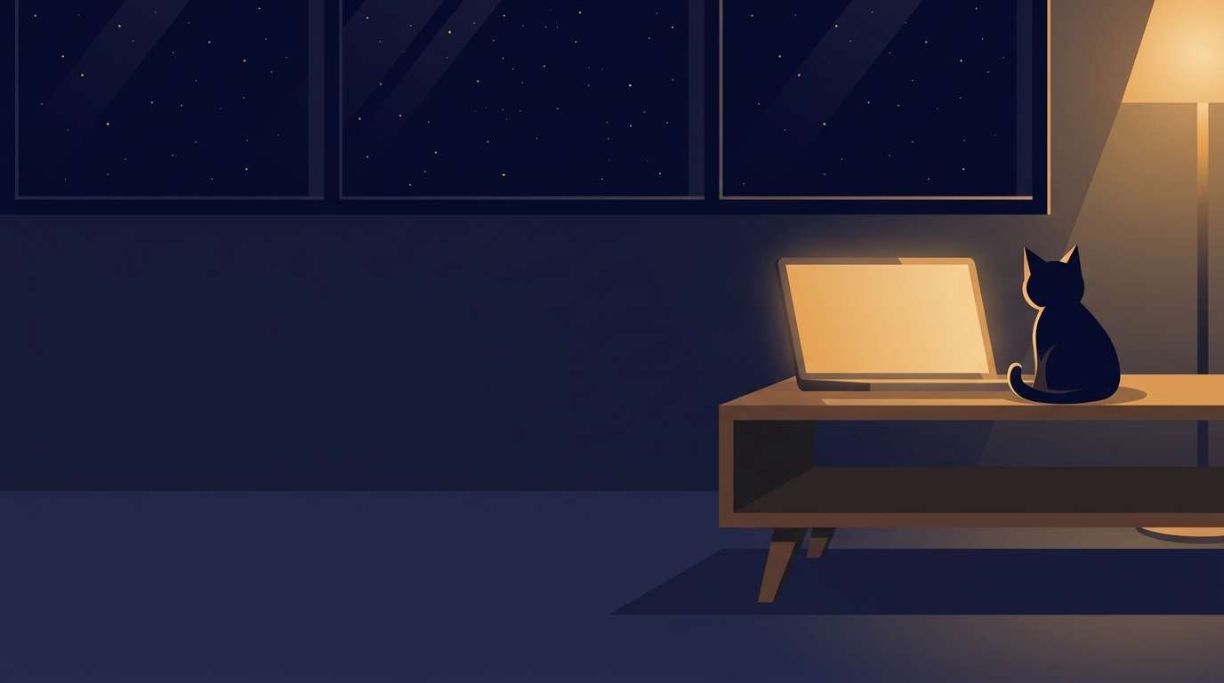 A lamp-lit living room at night: a black cat sits on the coffee table beside a glowing laptop